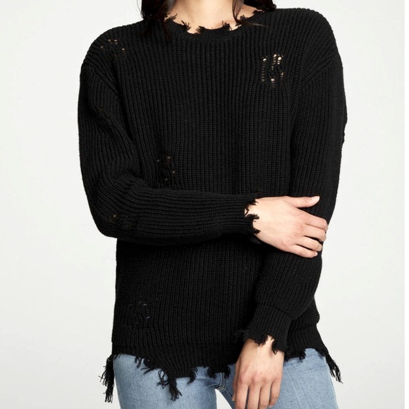 Chaser Sweaters - Chaser Long Sleeve Crew Neck Deconstructed Sweater Pullover Black